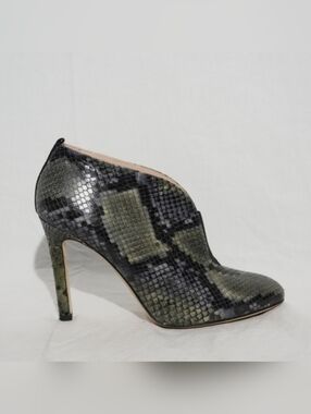 SJP Olive Green & Black Snakeskin Stiletto Heeled Bootie, Size 37½